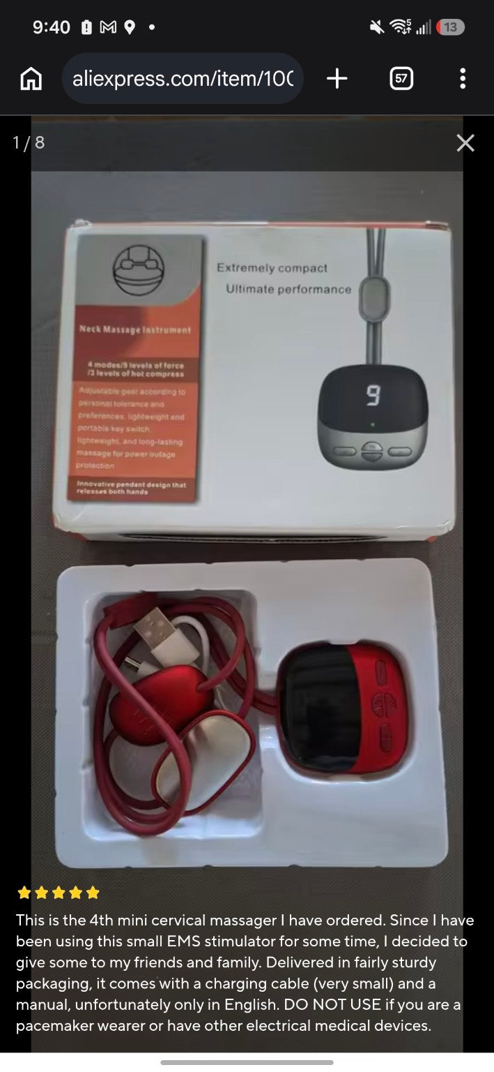 Original five-star AliExpress review showing the massager and packaging