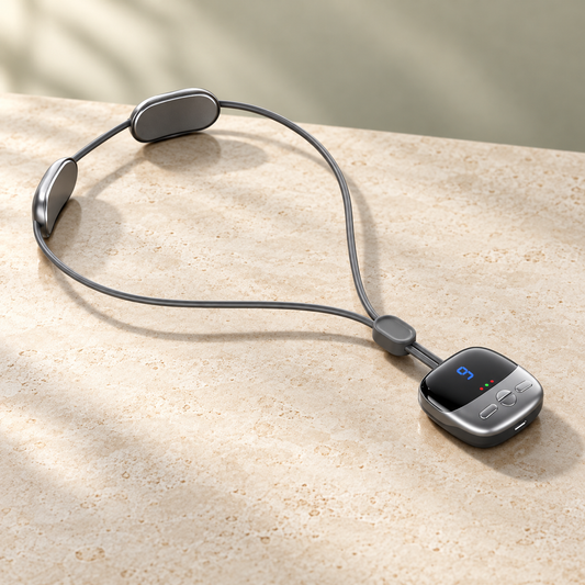Easewell Graphite LCD neck massager on warm ivory stone — styled product image