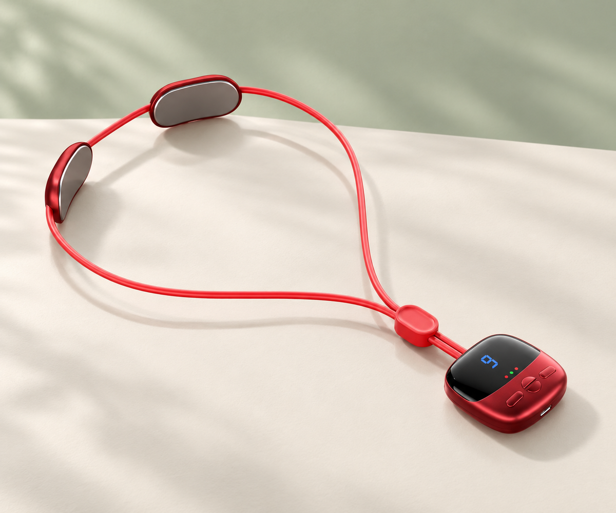 Easewell Rose LCD neck massager on an ivory surface — styled product image